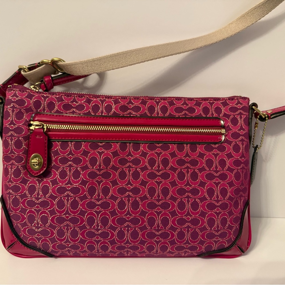 Coach Hot Pink Signature Jacquard Crossbody Bag with Gold Hardware